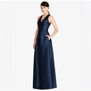 Alfred Sung Navy Blue V-Neck Evening Gown (D611) Dress W/Pockets- Size 12